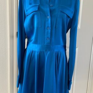 DKNY Blue Pleated Long Sleeve Dress